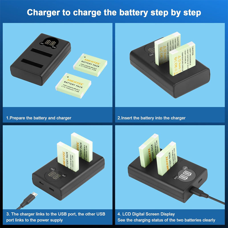 SHENTEC 2x NB-6LH NB-6L Battery+Charger For Canon PowerShot SX530 SX540 SX280 HS D10 D30