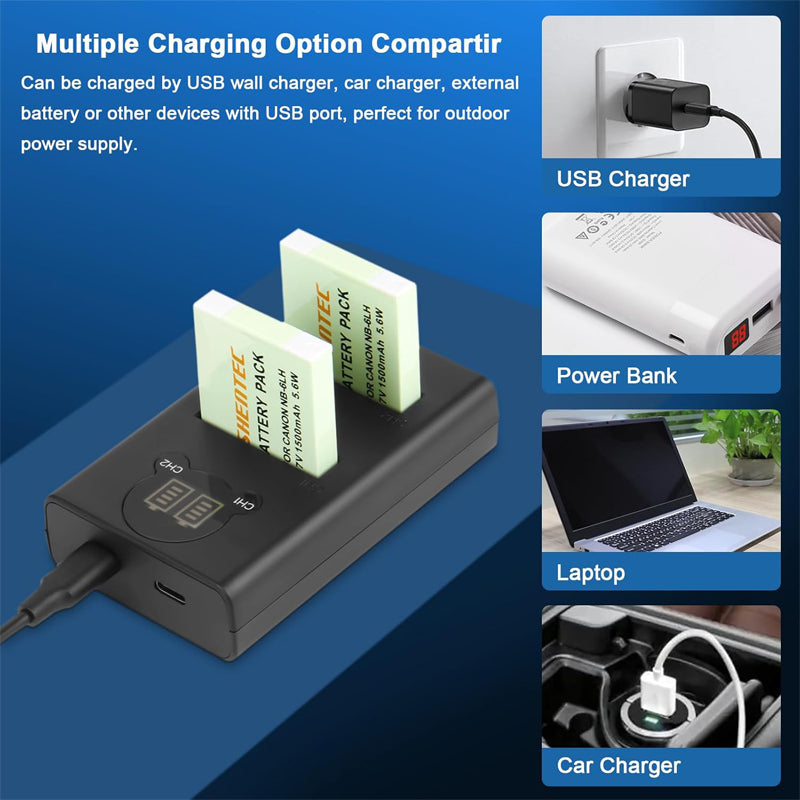 SHENTEC 2x NB-6LH NB-6L Battery+Charger For Canon PowerShot SX530 SX540 SX280 HS D10 D30