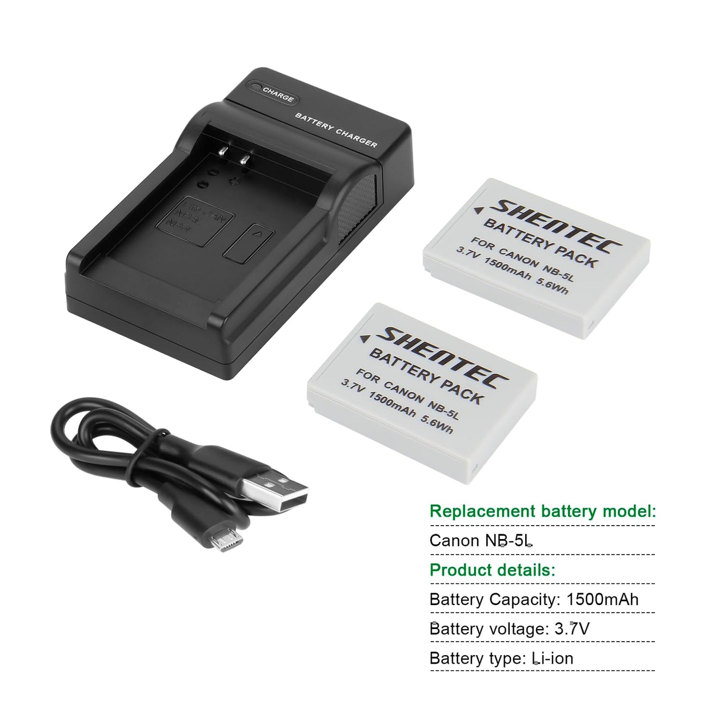 SHENTEC 2X NB-5L Battery +Charger for Canon PowerShot SD790 SD800 SD700 IS NB5L NB-5LH
