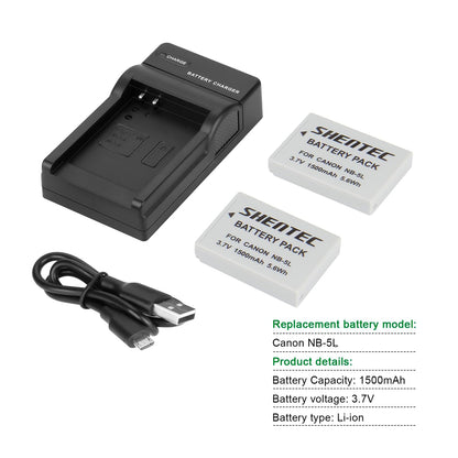 SHENTEC 2X NB-5L Battery +Charger for Canon PowerShot SD790 SD800 SD700 IS NB5L NB-5LH