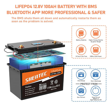 SHENTEC 12V 100Ah LiFePO4 Lithium Battery With Bluetooth 100A BMS for Boat Engine Motorhome