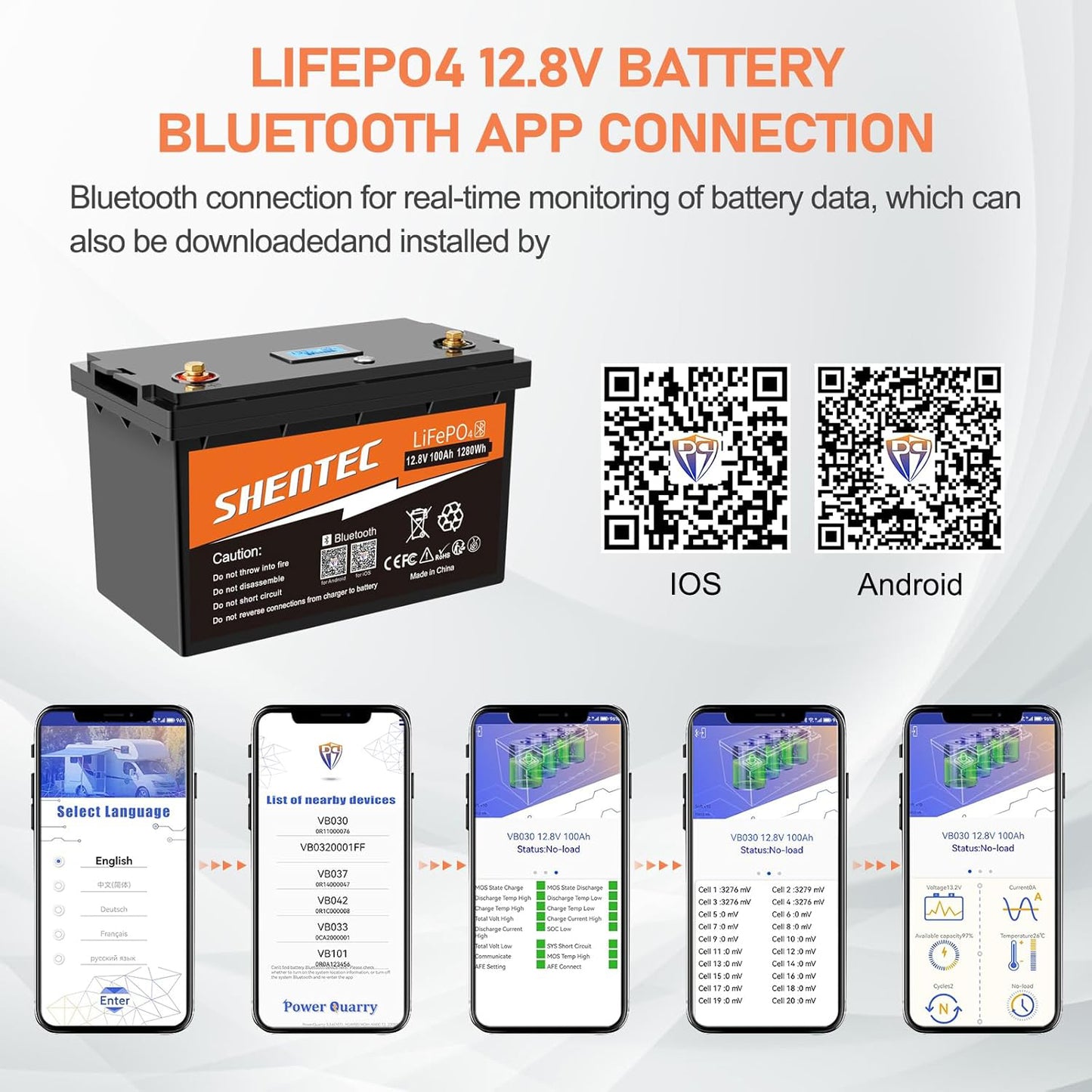 SHENTEC 12V 100Ah LiFePO4 Lithium Battery With Bluetooth 100A BMS for Boat Engine Motorhome