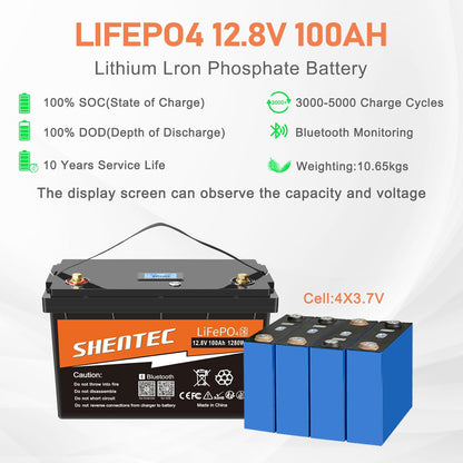 SHENTEC 12V 100Ah LiFePO4 Lithium Battery With Bluetooth 100A BMS for Boat Engine Motorhome