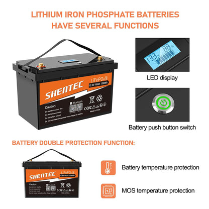 SHENTEC 12V 100Ah LiFePO4 Lithium Battery With Bluetooth 100A BMS for Boat Engine Motorhome