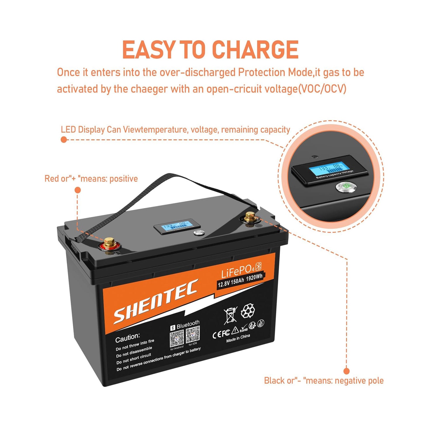 SHENTEC 12.8V 150Ah Lithium LiFePO4 Battery With Bluetooth For Motorhome Boat RV