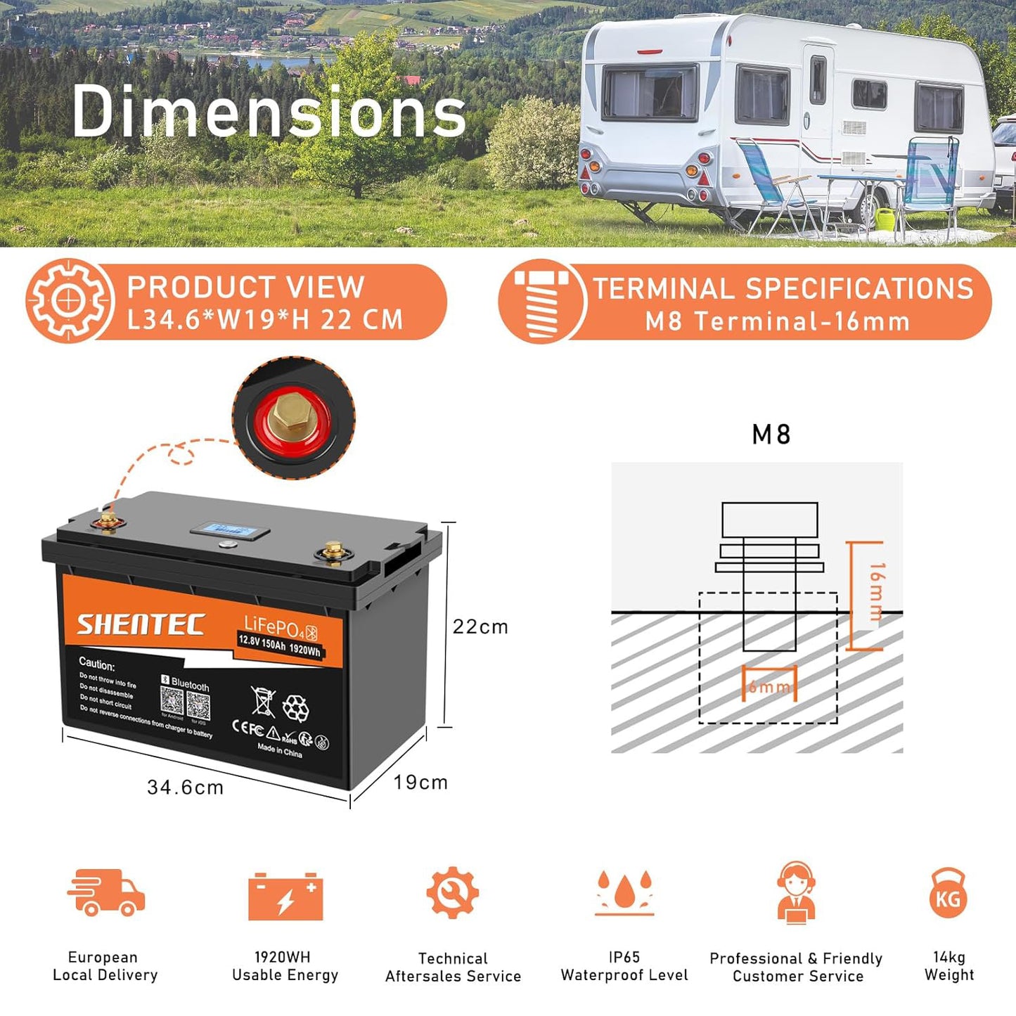 SHENTEC 12.8V 150Ah Lithium LiFePO4 Battery With Bluetooth For Motorhome Boat RV