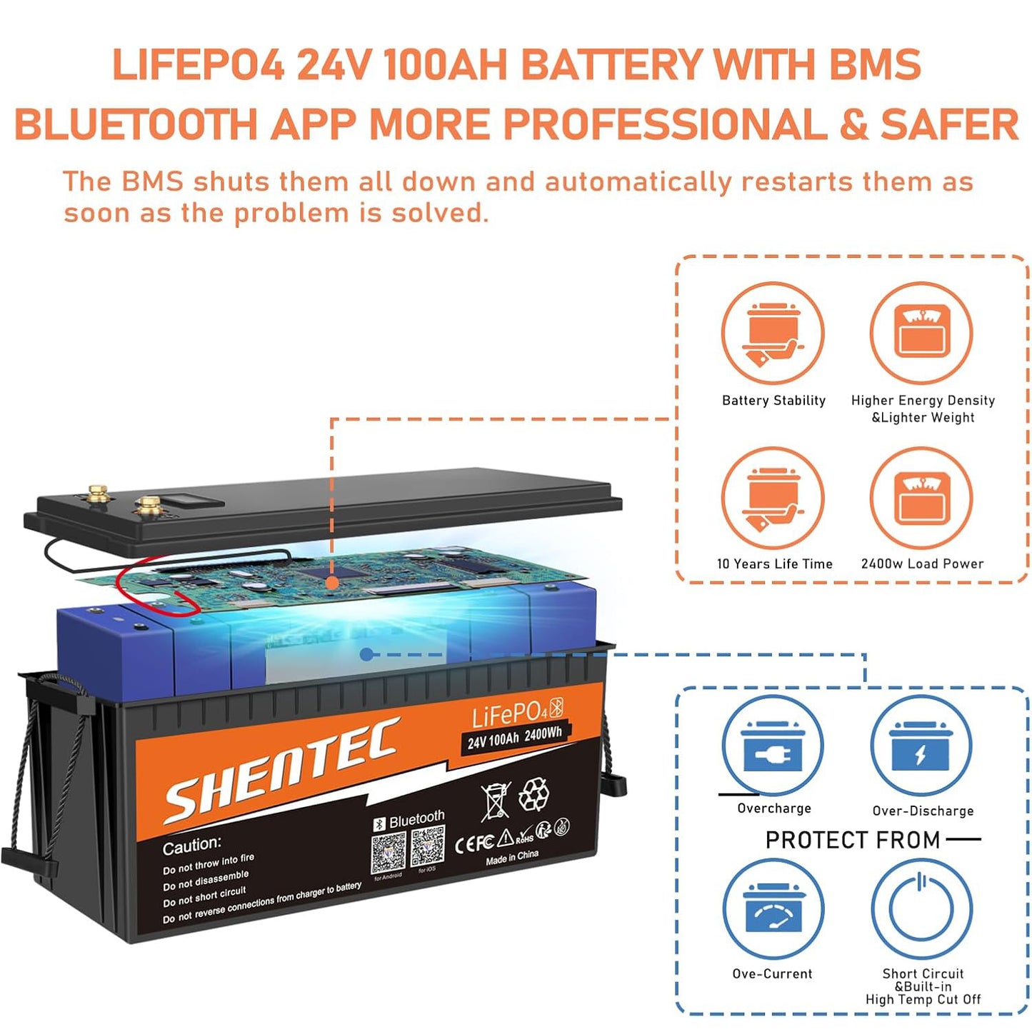 SHENTEC 24V 100Ah Lithium LifePO4 Battery Bluetooth BMS for Motorhome RV