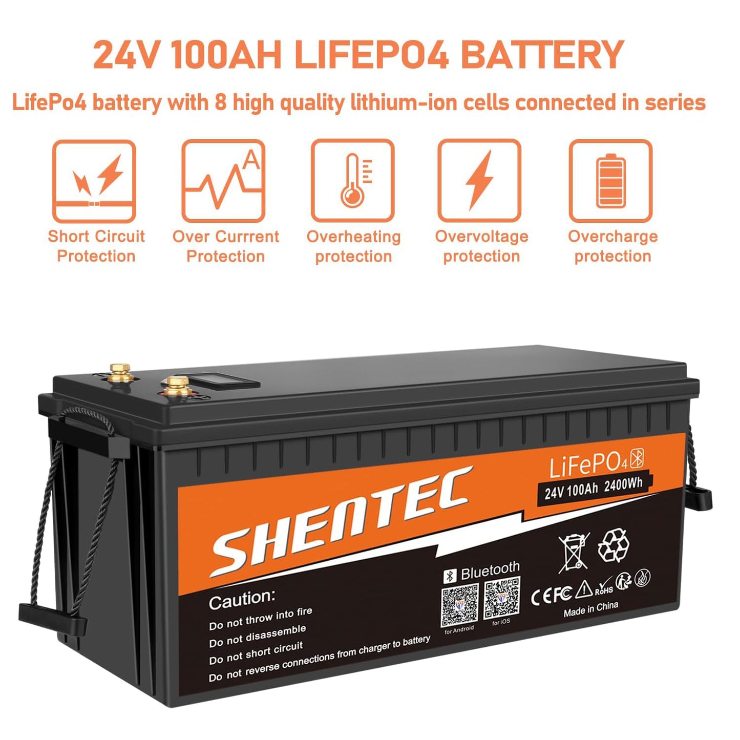 SHENTEC 24V 100Ah Lithium LifePO4 Battery Bluetooth BMS for Motorhome RV