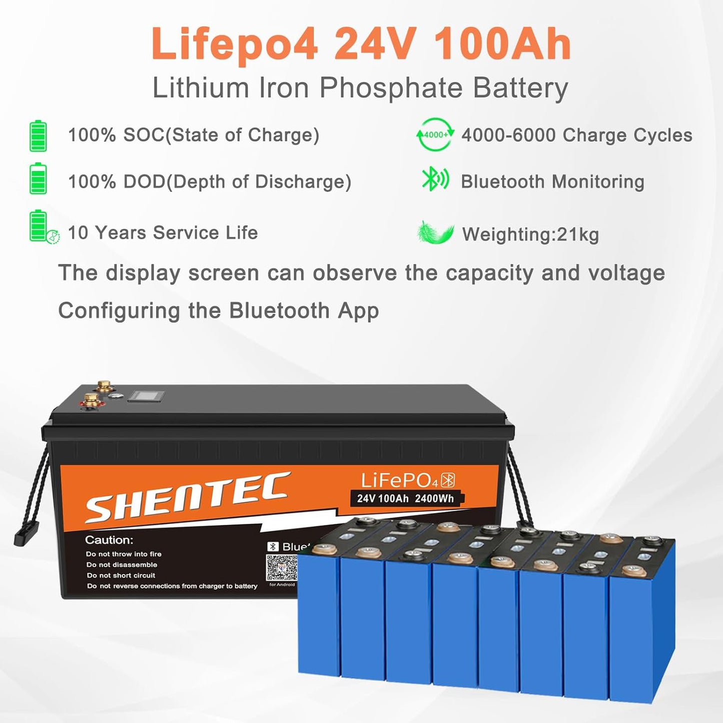 SHENTEC 24V 100Ah Lithium LifePO4 Battery Bluetooth BMS for Motorhome RV