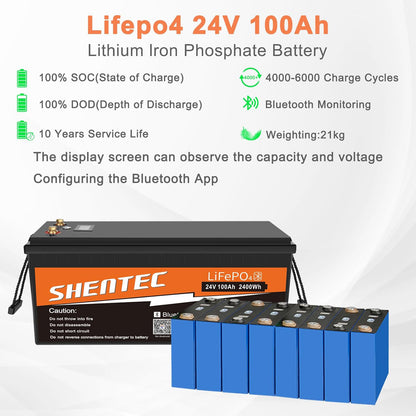 SHENTEC 24V 100Ah Lithium LifePO4 Battery Bluetooth BMS for Motorhome RV