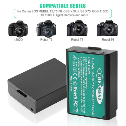 2x LP-E10 Battery &Charger For Canon Rebel T3 T5 Kiss X50 EOS 1200D 1300D 2000D