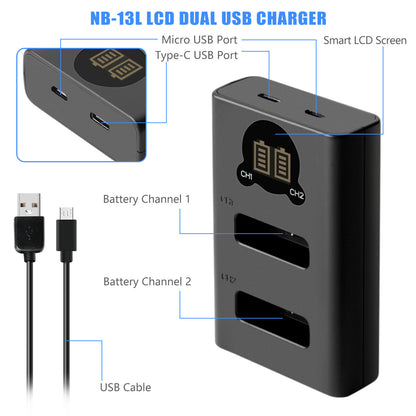 2x NB-13L Battery+LCD Charger For Canon PowerShot SX620 HS G5X G7X Mark III II