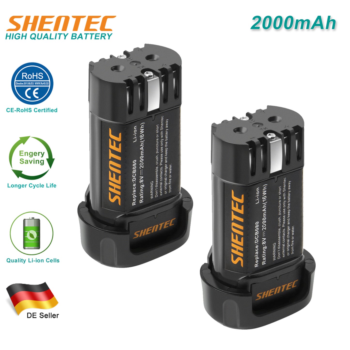 SHENTEC 2X 2000mAh 8V Li-ion Battery For Dewalt DCB080 DW4390 DCF680N2 DCF680G2 DCL023