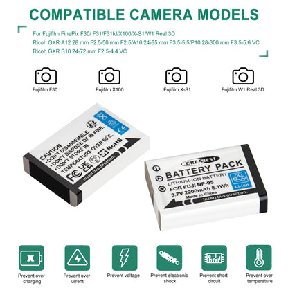 2x NP-95 NP95 3.7V Battery+Charger for Fujifilm Finepix F30 F31 F31fd X100 X100s