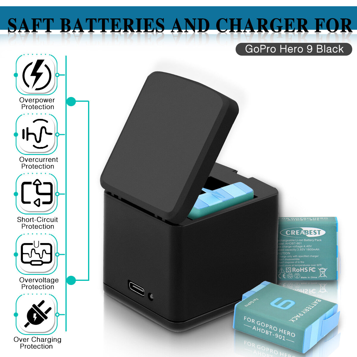 3x AHDBT-901 1800mAh Battery For GoPro Hero9 Hero10 11 Black ADBAT-001 +Charger