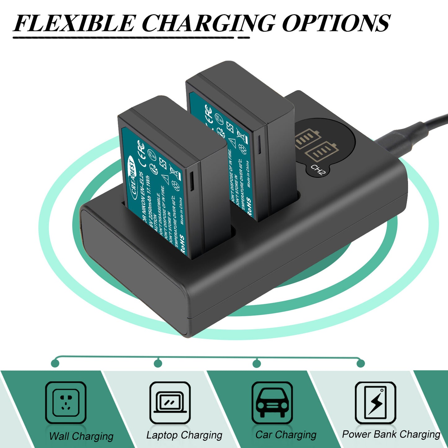 2X EN-EL25 4241 EN-EL25 Battery+LCD Charger For Nikon Z30 Z50 ZFC Z Serie Z50