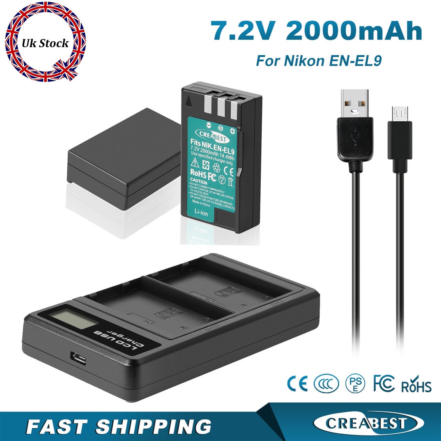 2x EN-EL9 2.0Ah Battery +Charger For Nikon EN-EL9a D40X DSLR D3000 D5000 D60 D40