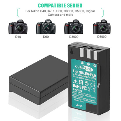 2x EN-EL9 2.0Ah Battery +Charger For Nikon EN-EL9a D40X DSLR D3000 D5000 D60 D40