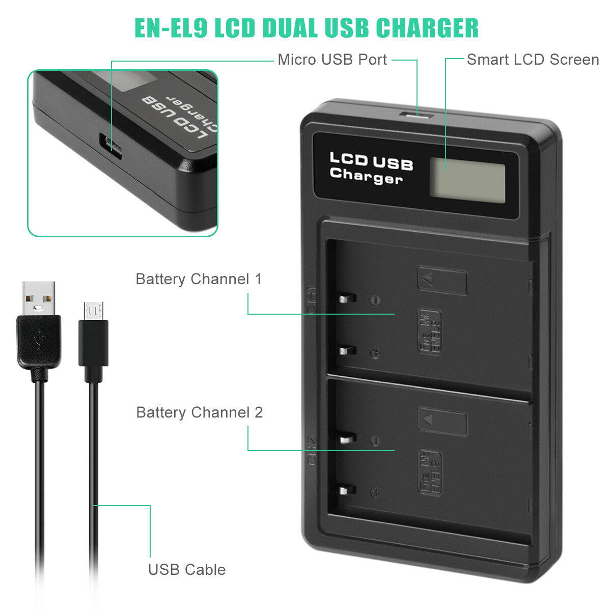 2x EN-EL9 2.0Ah Battery +Charger For Nikon EN-EL9a D40X DSLR D3000 D5000 D60 D40