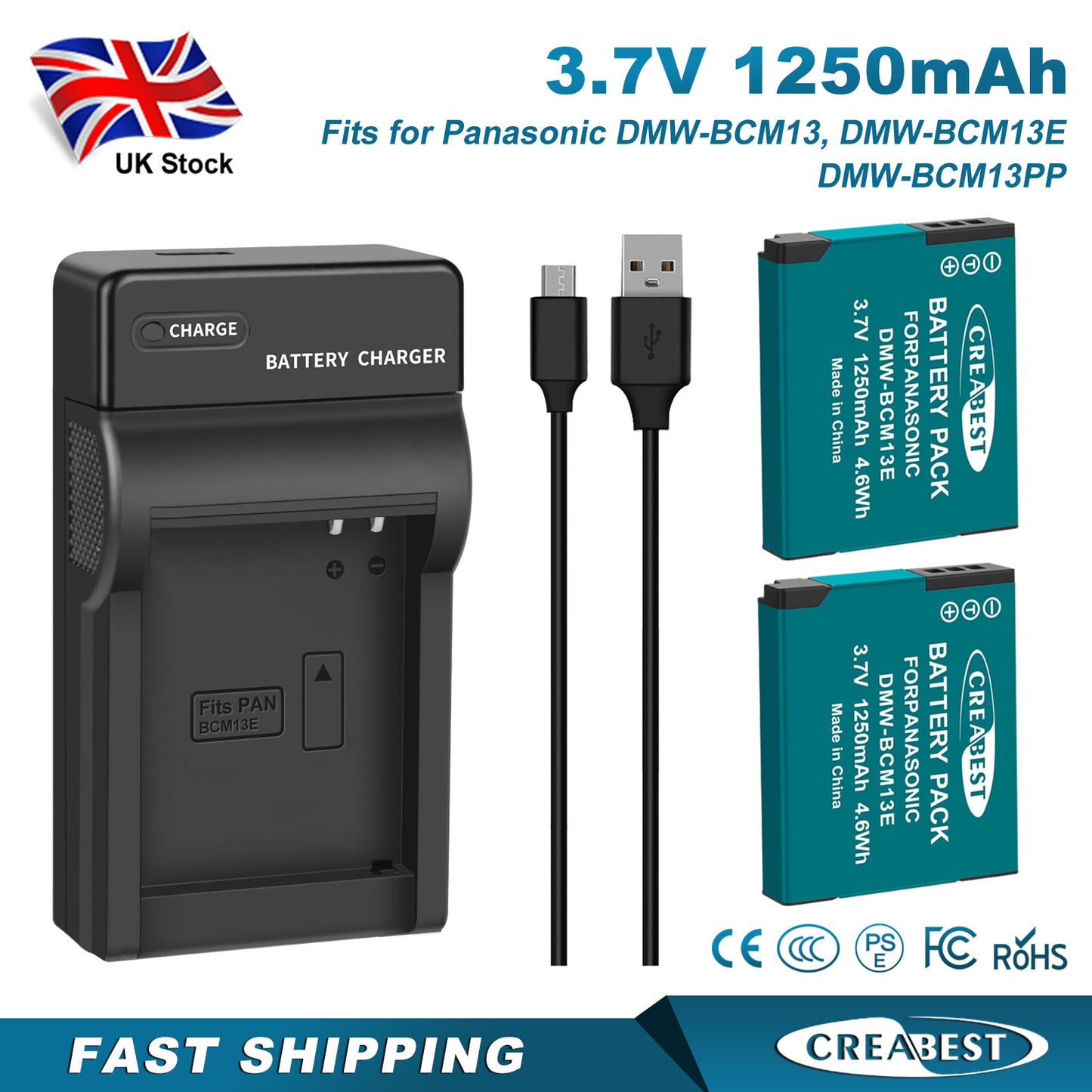 2Pcs DMW-BCM13 1250mAh Battery Charger For Panasonic Lumix DMC-TZ40S ZS50 ZS30W