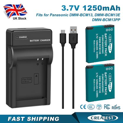 2Pcs DMW-BCM13 1250mAh Battery Charger For Panasonic Lumix DMC-TZ40S ZS50 ZS30W
