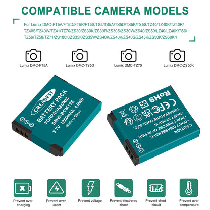 2Pcs DMW-BCM13 1250mAh Battery Charger For Panasonic Lumix DMC-TZ40S ZS50 ZS30W