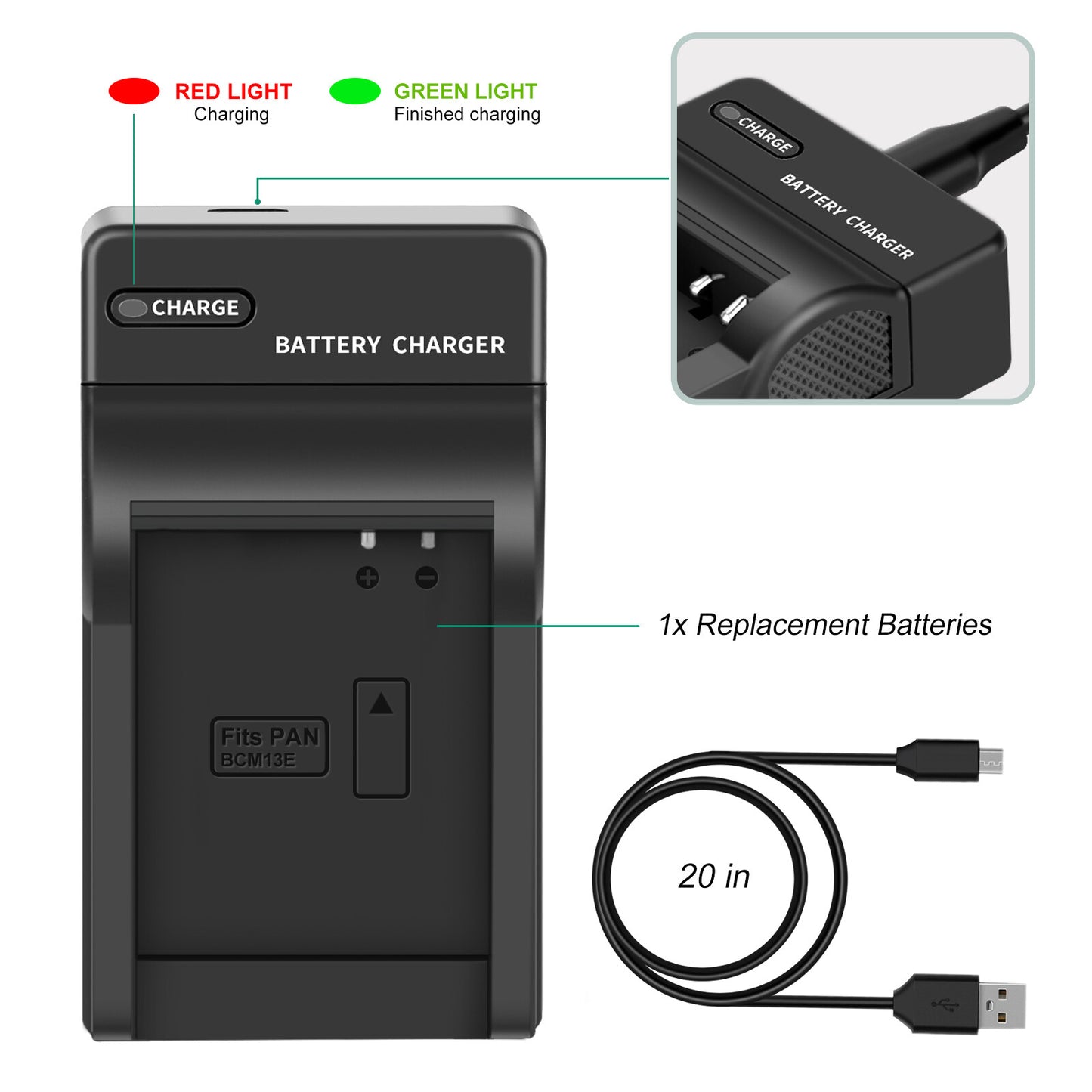 2Pcs DMW-BCM13 1250mAh Battery Charger For Panasonic Lumix DMC-TZ40S ZS50 ZS30W