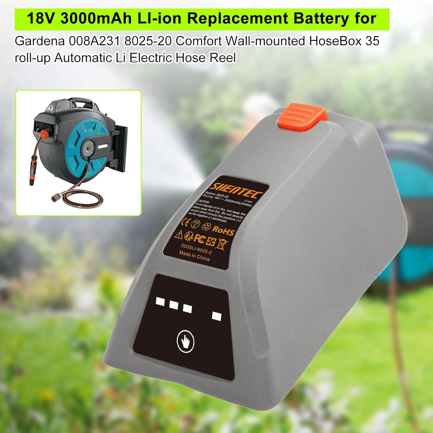 SHENTEC 18V Replacement Battery For Gardena 008A231 8025-20 Comfort Wall-Mounted Hose Box 35 Roll-Up Automatic LI 8025