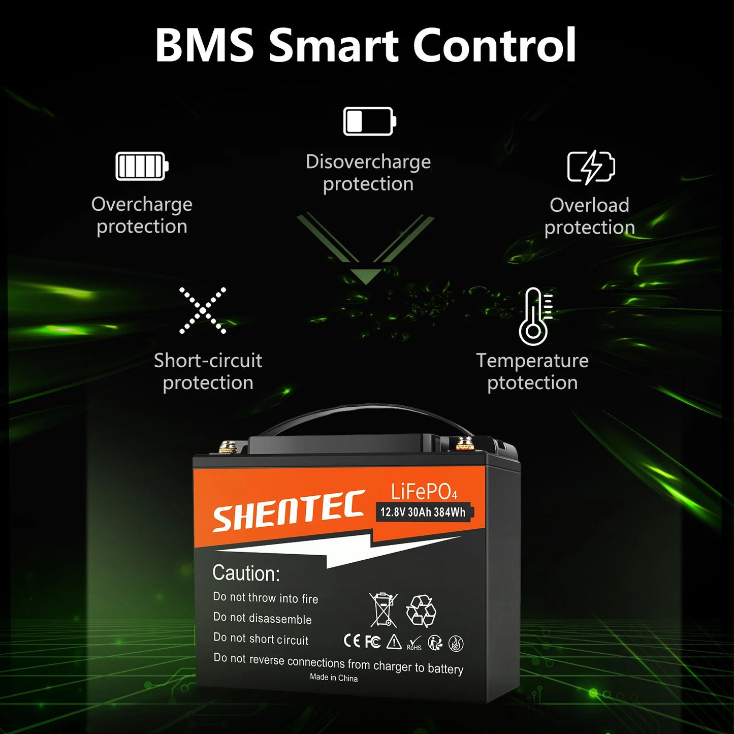 SHENTEC 12.8V 30AH Lithium LiFePO4 Battery  for Home RV Boat Emergency Power