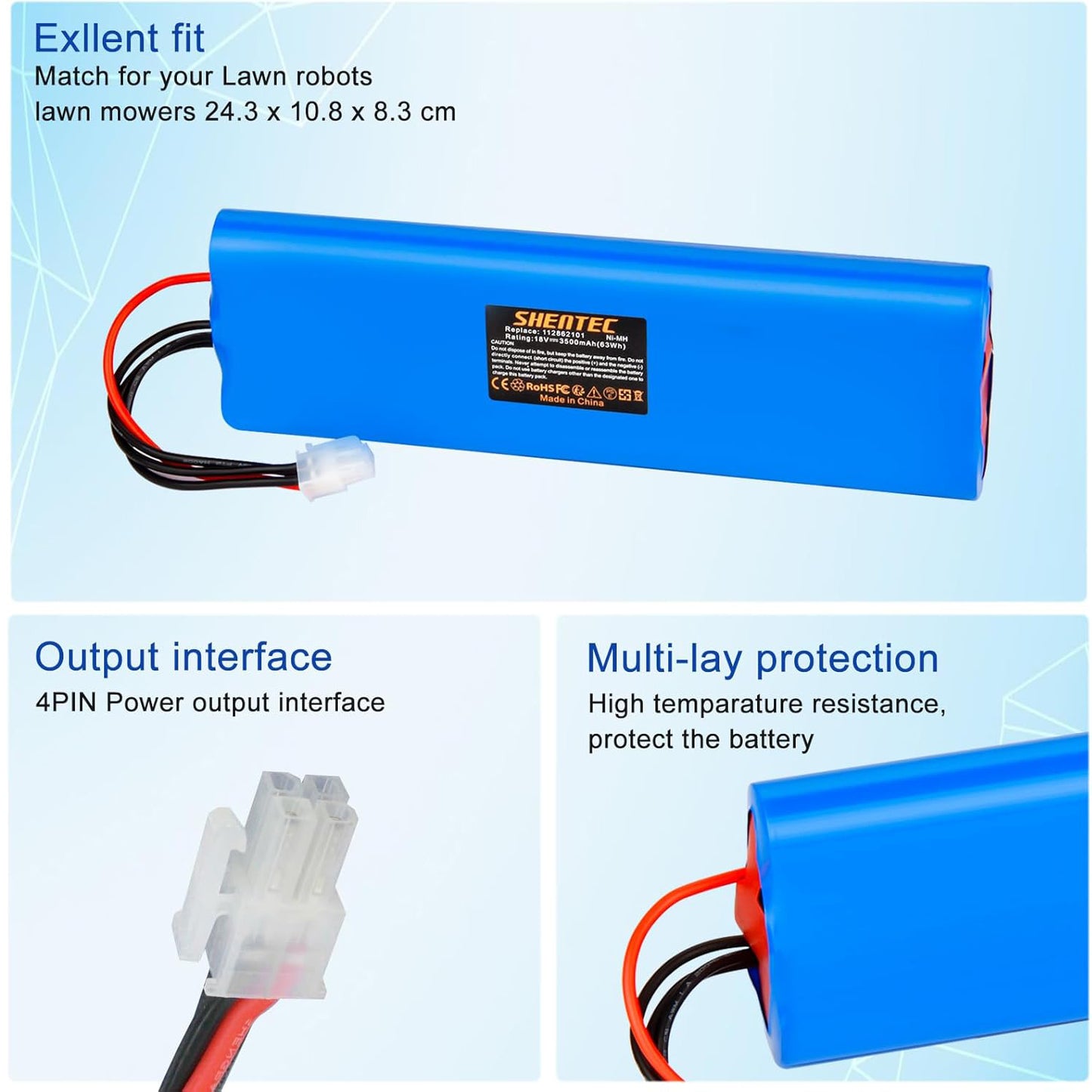 SHENTEC Ni-MH Replacement Lawnmower Battery 18V For Husqvarna Automower 210C, 210AC, 220AC, 230ACX, 260ACX, G2 2004-2006
