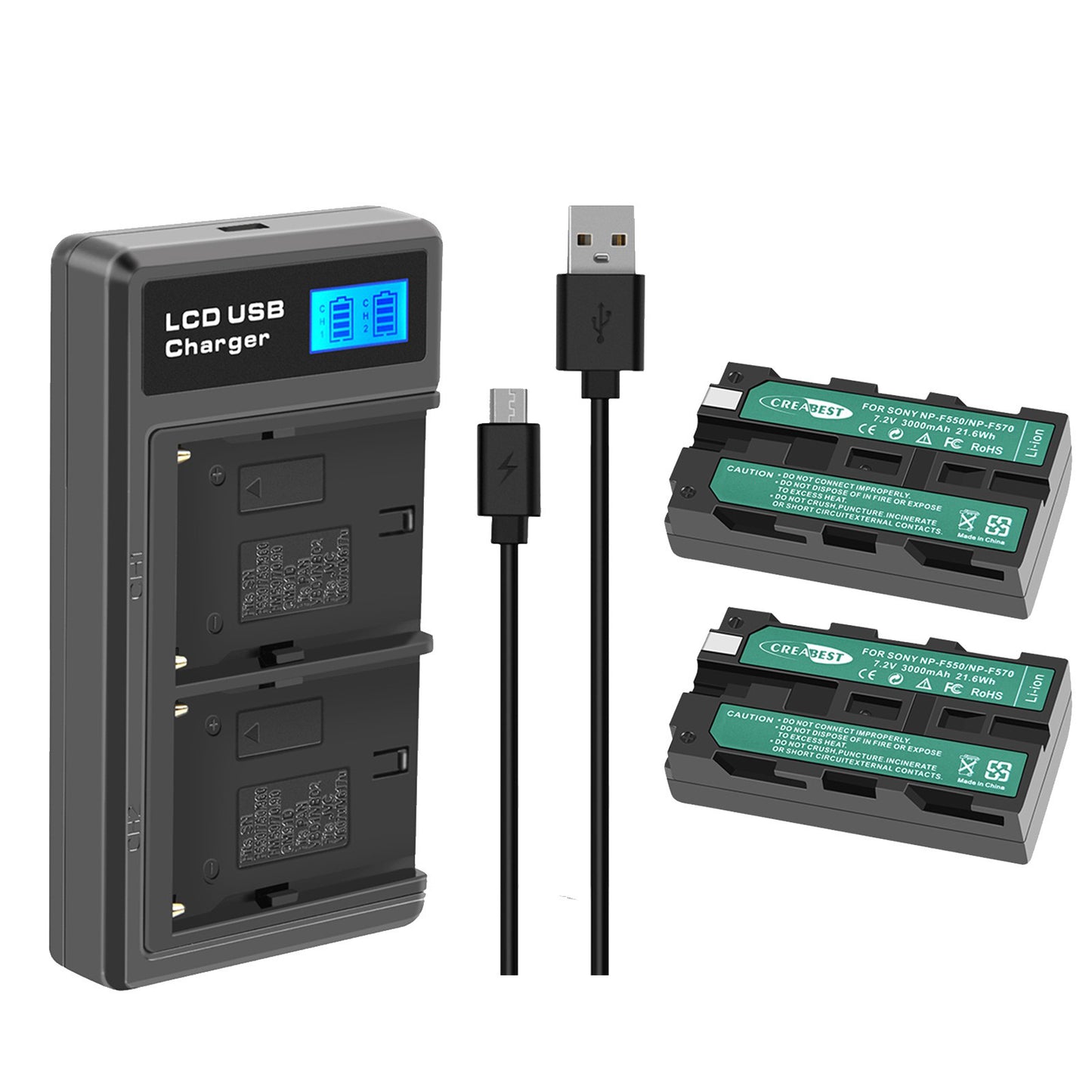 2Pack 7.2V NP-F550 Battery+Dual Charger For SONY NP-F970 NP-F960 F990 F950 F530 F330