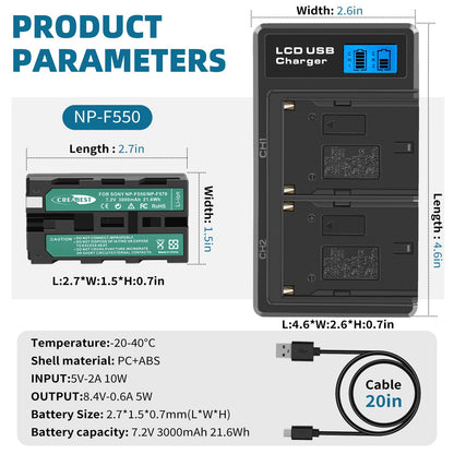2Pack 7.2V NP-F550 Battery+Dual Charger For SONY NP-F970 NP-F960 F990 F950 F530 F330