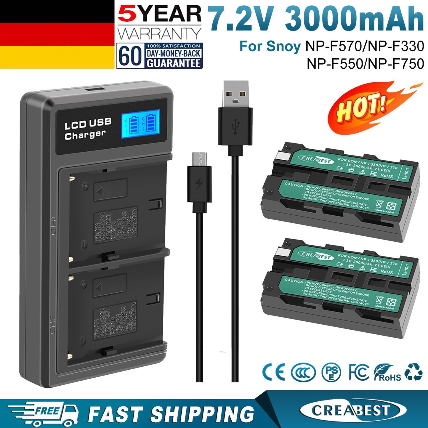2Pack 7.2V NP-F550 Battery+Dual Charger For SONY NP-F970 NP-F960 F990 F950 F530 F330