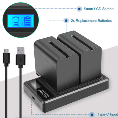 2x NP-F960 NP-F970 NP-F950 8.8Ah Battery + Dual Charger For Sony NP-F330 NP-F550