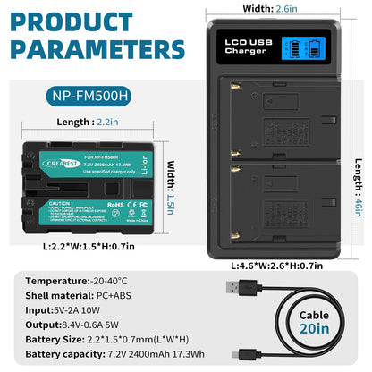 SHENTEC 2x Battery NP-FM500H +Charger For Sony Alpha DSLR/SLT A57 A68 A58 A300K/N A100