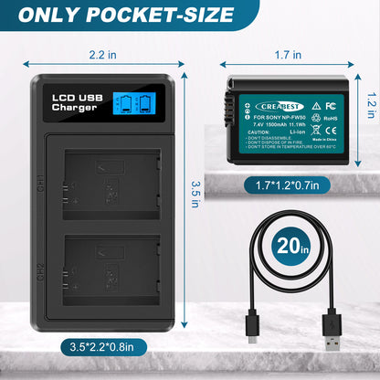 2X NP-FW50 Battery &Fast Charger For Sony A6500 A6000 A7R A7RII A7S A7II RX10