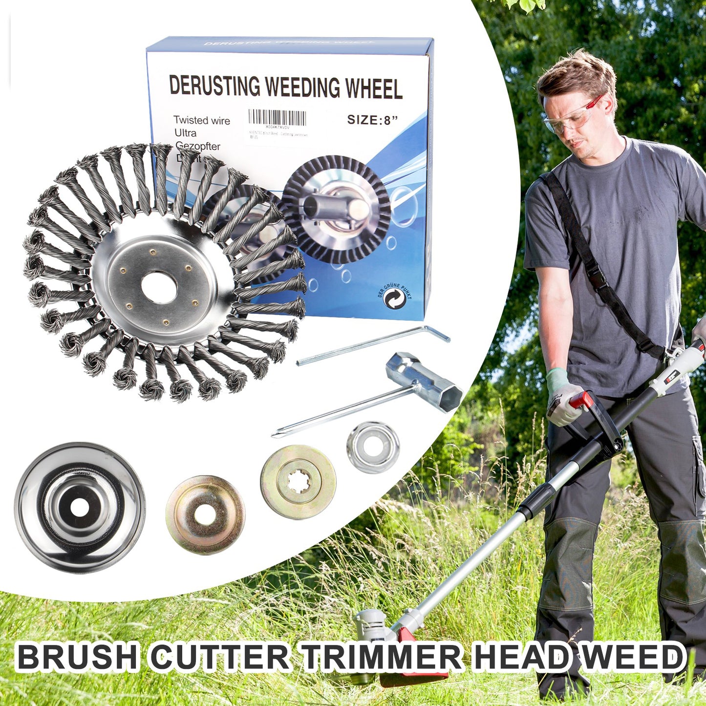 6" 8" 10" Steel Wire Weeding Grass Trimmer Head Weed Rotating Wheel Brush With Adapter Kit